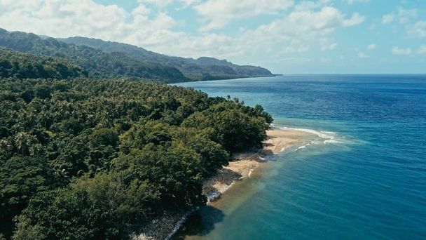 aerial drone image of a remote south pacific island with sandy beach shore and beautiful ocean sea seascape and lush tropical rainforest jungle - Photo, Image