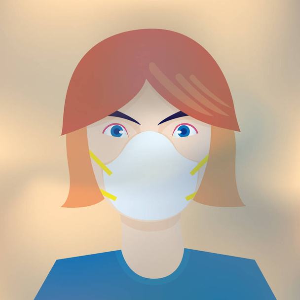 Retrato de mulher usando máscara branca para prevenir a poluição do ar de smog, crepúsculo, PM2.5 na cidade
. - Vetor, Imagem