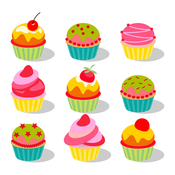 Vector illustration. Set of cute delicious cupcakes and muffins, with waffles, berries, cream, candy - Vector, Image