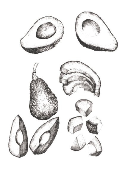 Avocado handgezeichnete Kollektion. Zeichnung auf weißem Hintergrund. Isolierte Abbildung für biologische Lebensmittelzutaten, Speisekarte, Naturprodukt. - Vektor, Bild