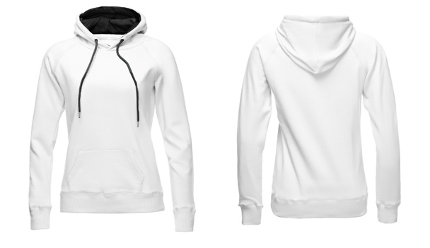 Witte vrouwelijke hoodie sweatshirt lange mouw met een uitknippad, vrouwen hoody met kap voor uw mockup ontwerp voor print, geïsoleerd op een witte achtergrond. Sjabloon sport kleding - Foto, afbeelding