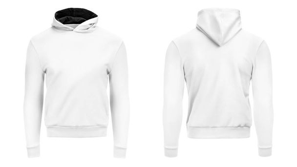 Witte mannelijke hoodie sweatshirt lange mouw met een uitknippad, mens hoody met kap voor uw mockup ontwerp voor print, geïsoleerd op een witte achtergrond. Sjabloon sport kleding - Foto, afbeelding