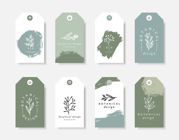 A set of eight modern and elegant botanical tag designs in pastel green, beige, gray and white. Minimalist nature inspired vector illustration. Perfect for organic food and cosmetics packaging, wedding favors, etc. - Vector, imagen