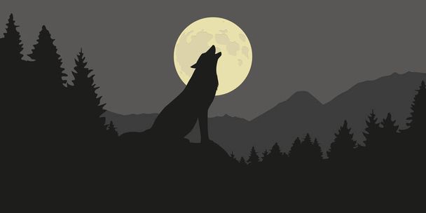 Wolf howls bij volle maan in een bos-silhouet - Vector, afbeelding
