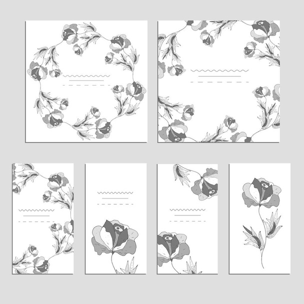 Botanical card with wild flowers and leaves. Spring ornament concept. Floral poster, invite. Vector layout decorative greeting card or invitation design background. Hand drawn illustration. - ベクター画像