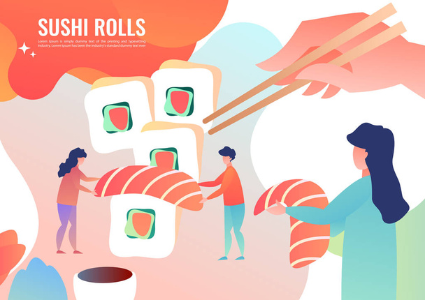 Tiny men cook rolls, Japanese food - Вектор,изображение