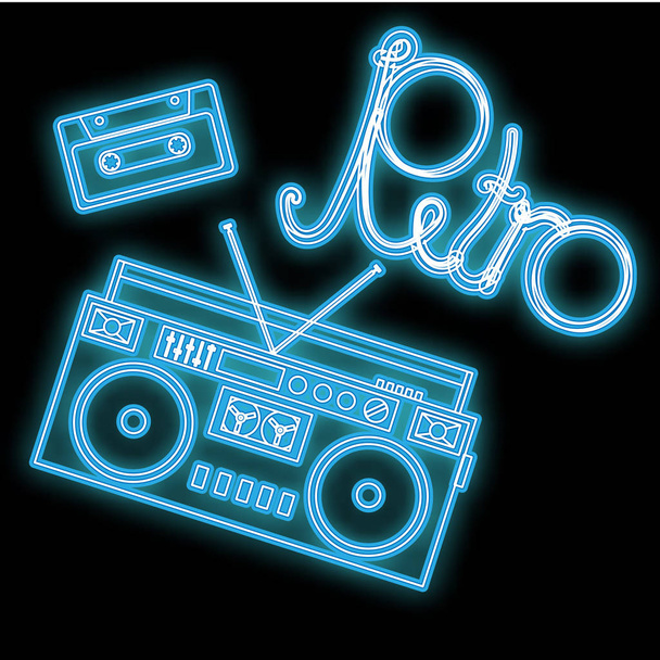 Mooie blauwe heldere gloeiende abstracte neon teken in de vorm van een oude retro vintage muziek cassette tape recorder en audio cassettes van de 70s, 80s en 90s kopie ruimte op een zwarte achtergrond. Vector - Vector, afbeelding