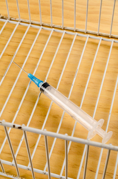 Syringe inside a cage, a conceptual shot on drug addiction and abuse - Photo, image