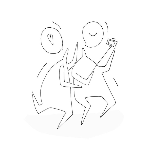 Hand Vektor Outline Strichmännchen Illustration. Rede. Paar mit Selfie. Charaktermenschen. (kann als Textur für Karten, Einladungen, Diy-Projekte, Websites verwendet werden) - Vektor, Bild
