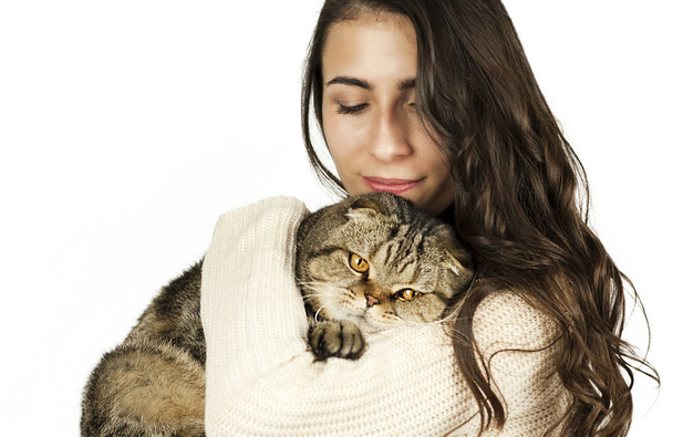 Beautiful bright tender girl in a white sweater with a cat in her arms on a white isolated background. Concept of relationship with animal - Photo, Image