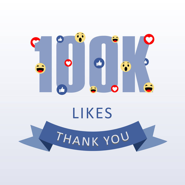 100k Likes Danksagungszahl mit Emoji und Herz - Social Media Dankbarkeitskarte - Vektor, Bild