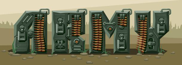 Word army. Military alphabet font. Vector imitation of old pixel games, limited number of colors and rough shapes, decorated with machine-gun belts and mechanisms on the background of heavy armor. - Vektori, kuva