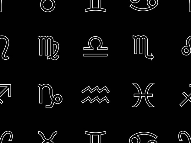 Vector. Seamless pattern for decoration, design. Astronomy different white simple geometric representation of the zodiac signs for horoscope on black background - Vector, Image