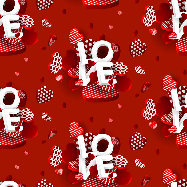 Valentines day heart seamless pattern with love text. Valentines Day background for festive decor, wrapping paper, print, textile, fabric, wallpaper - Vector, Image