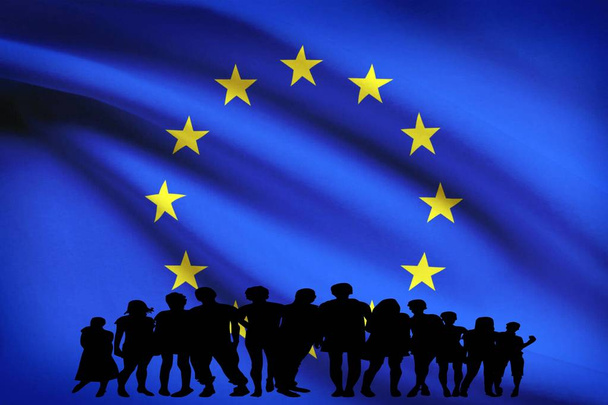 Πολυπολιτισμική ομάδα Ευρώπη σημαία νέους πολυμορφία ολοκλήρωσης απομονωμένες. - Φωτογραφία, εικόνα