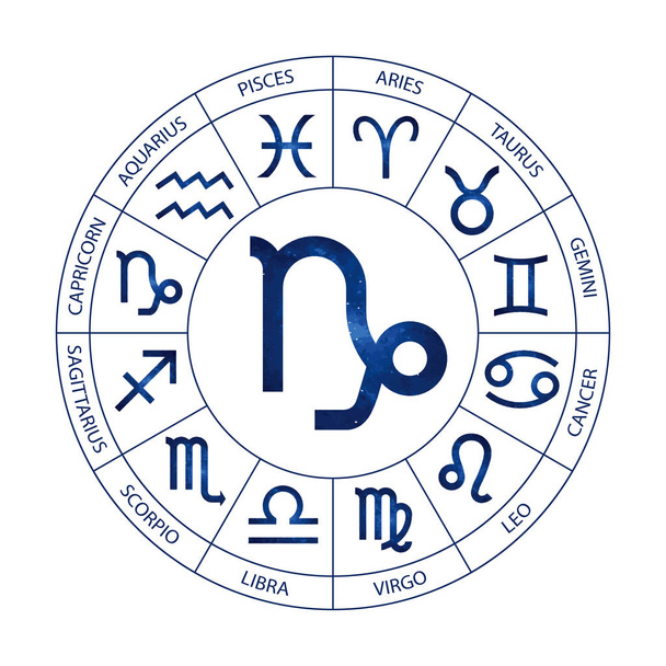 Vector. Astrologia gráfica definida no fundo branco. Uma simples representação geométrica cósmica do signo do zodíaco para o horóscopo Capricórnio com títulos
 - Vetor, Imagem