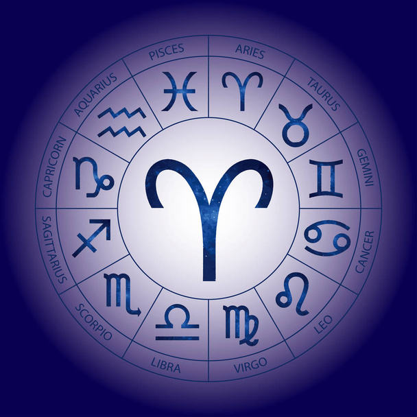 Vector. Graphic cosmic astrology set. A simple geometric representation of the zodiac sign for horoscope Aries with titles - Vector, Image