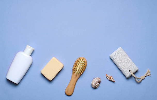 Bath Items Concept, Soap, Shampoo or Shower Gel, Hair Brush, Pumice Stone, Top View, Flat Lay - Photo, Image