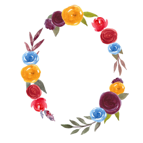 Hand painted Watercolor Floral Wreath Frame. Beautiful flowers illustration for wedding, baby shower, greeting card, invitation, birthday decor. - Фото, зображення