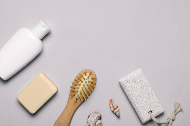 Bath Items Concept, Soap, Shampoo or Shower Gel, Hair Brush, Pumice Stone, Top View, Flat Lay - Фото, изображение