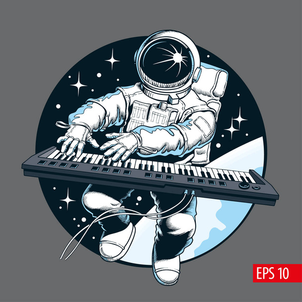 Αστροναύτης παίζοντας πιάνο synthesizer στο χώρο. Διαστημικό τουρίστα. Κωμικό στυλ εικονογράφηση διάνυσμα. - Διάνυσμα, εικόνα