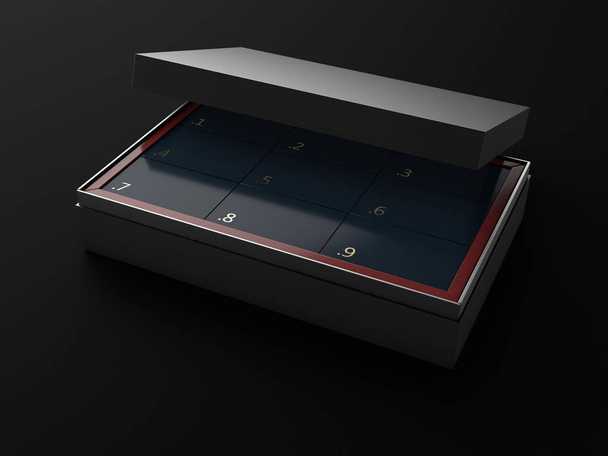 3D-s ábra üres nyitott téglalap alakú doboz, a doboz belsejében elszigetelt fekete háttér - Fotó, kép