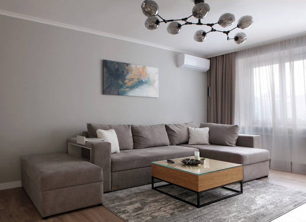 Сірий кутовий диван з трьома подушками, що стоять у світлому інтер'єрі вітальні з живописом та килимом.
. - Фото, зображення