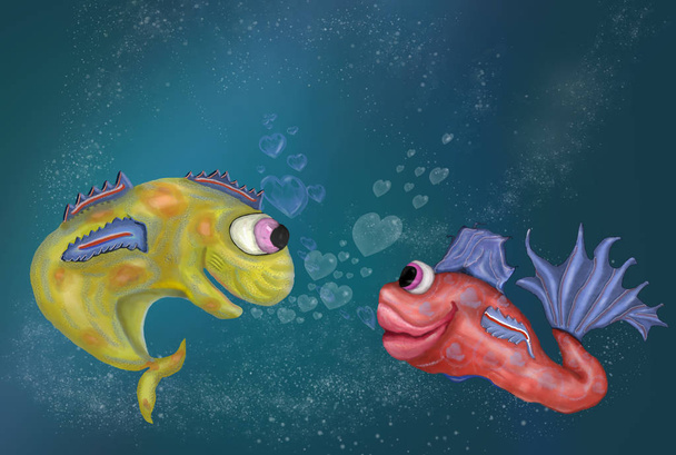 Drôle de poisson heureux avec des cœurs de bulles pour la Saint-Valentin. Drôle de poisson exotique amoureux. Le poisson dans l'eau fait le coeur de bulle. Concept de sentiment romantique
 - Photo, image