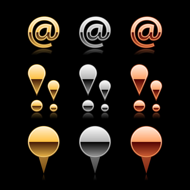 farbig glänzendes Web 2.0-Knopfschild, Ausrufezeichen und Kartenstift-Symbole mit schwarzem Schatten und dunkler Reflexion auf schwarzem Hintergrund - Vektor, Bild