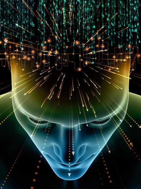Στοιχεία της σειράς μυαλό. 3D απεικόνιση του ανθρώπινο κεφάλι και τα σύμβολα της τεχνολογίας ως μια αλληγορία της έννοιας σχετικά με θέμα της επιστήμης, της εκπαίδευσης και της δυνάμεις του νου - Φωτογραφία, εικόνα