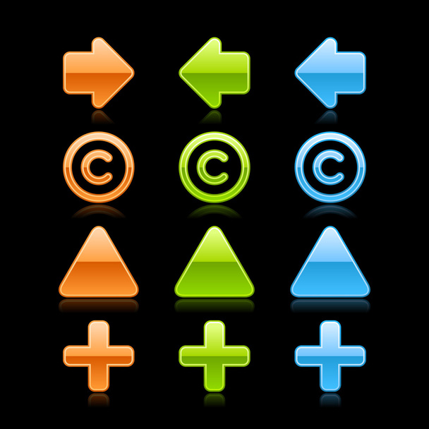 Цветная глянцевая стрелка кнопки 2.0, авторское право, метка треугольника и плюс значки с черной тенью и темным отражением на сером фоне
 - Вектор,изображение