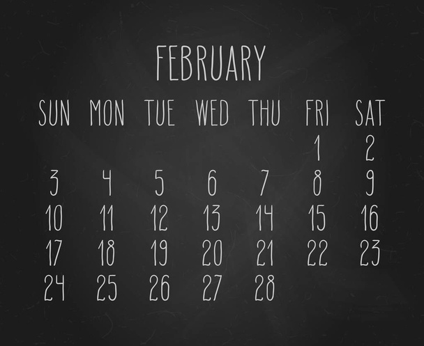 Hand written chalk vector calendar for February 2019 over black chalkboard background. - Διάνυσμα, εικόνα