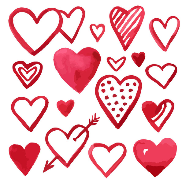 Hand drawn watercolor hearts in red isolated over white. Valentine's day symbols set. Romantic vector illustration. - Vektori, kuva
