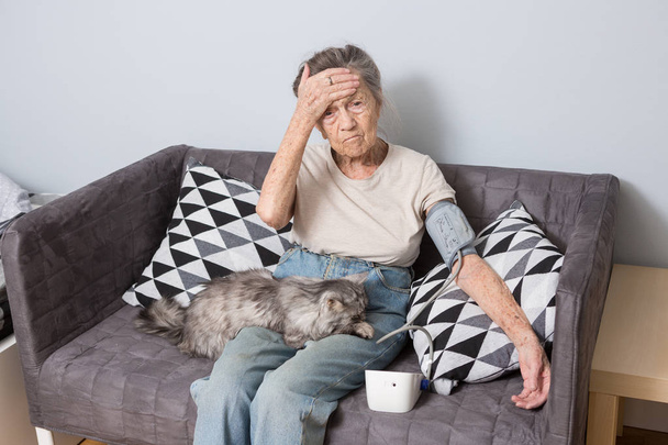 El tema es muy anciano y problemas de salud. Una mujer mayor caucásica, de 90 años, con arrugas y canas, se sienta en casa en un sofá con gato y usa un tonómetro. Dolor de cabeza por presión arterial alta
. - Foto, imagen