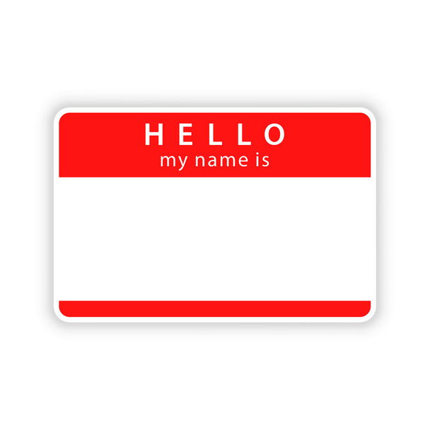 Red name tag empty sticker HELLO my name is with drop gray shadow on white background. Vector illustration clip-art element for design saved in 10 eps - Vector, Image