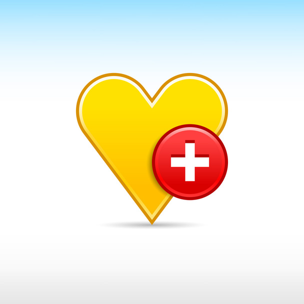 Corazón amarillo icono favorito web 2.0 con botón rojo añadir y sombra en blanco
 - Vector, imagen