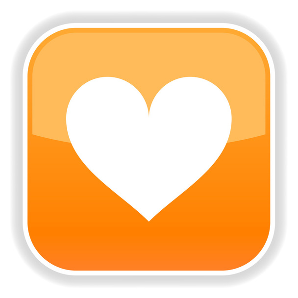 オレンジ色の光沢があるウェブ 2.0 心臓記号の付いたボタン。白影と丸みを帯びた正方形のステッカー。10 の eps - ベクター画像