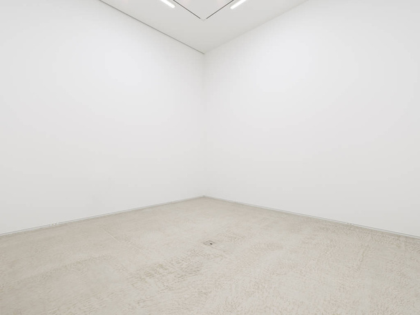 Näkymä tyhjän huoneen valkoiseksi maalattuun sisätilaan tai taidegalleriaan, jossa on loisteputki ja betonilattia
 - Valokuva, kuva