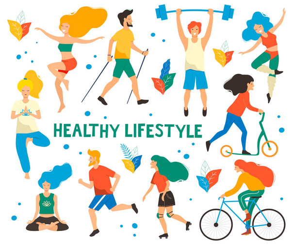 Healthy lifestyle. Different physical activities: running, roller skates, dancing, bodybuilding, yoga, fitness, scooter, nordic walking. Flat vector illustration. - Vector, afbeelding