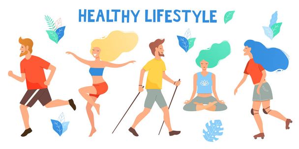 Egészséges életmód. Különböző fizikai tevékenységek: futás, görkorcsolya, tánc, jóga, fitnesz, nordic walking. Lapos vektoros illusztráció. - Vektor, kép
