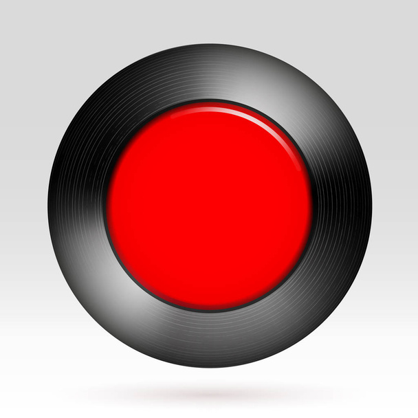 Red button template in metal textured frame for user interfaces, ui, applications and app. Chrome, silver, steel, iron, aluminum realistic texture. Abstract vector technology illustration. Push tool - Вектор,изображение