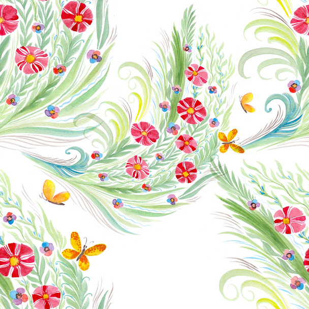 Flowers. Bouquet with leaves, flowers and buds. Watercolor. Seamless pattern Collage of flowers and leaves on a watercolor background. Use printed materials, signs, objects, websites, maps. - 写真・画像