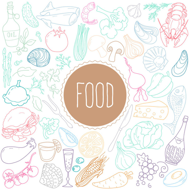 Set of elements on the theme of food in the style of Doodle. Seafood, vegetables, wine, dishes. Vector - Vektor, Bild