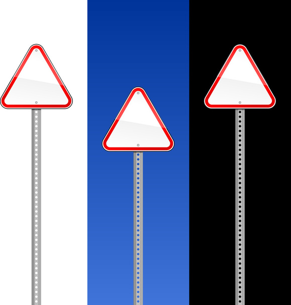 Triangular blank red road signs with metal pole on white, blue sky and black - Vector, Image