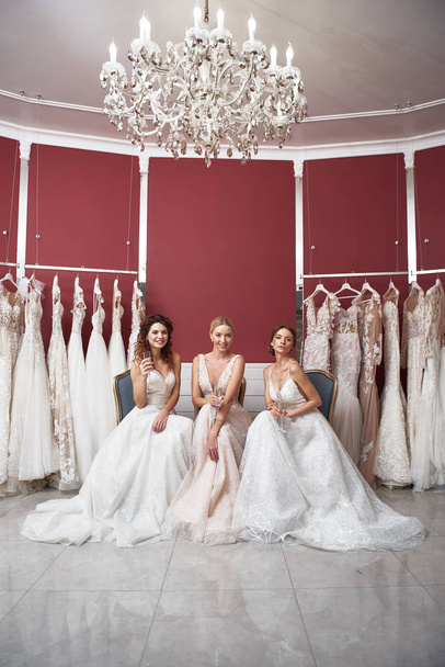 Three happy brides sitting in wedding dress - Fotografie, Obrázek