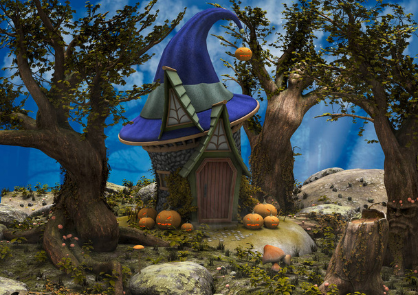 eine Fantasie-Szene einer Wiese mit einem Hexenhaus in der Form eines Hutes. - Foto, Bild