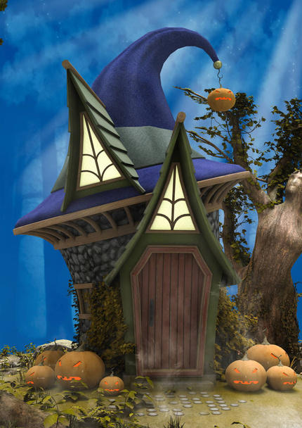 Scena fantasy nocy dom czarownicy z kształtem kapelusz w lesie. - Zdjęcie, obraz