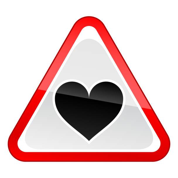 Red attention hazard warning sign with heart symbol with reflection on white background - Vector, Image