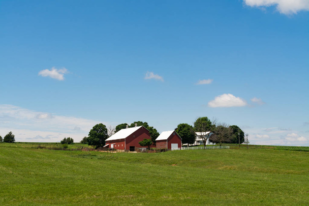 Stodoła i dom na trawie pokryte wzgórzu. Hrabstwo OGLE, Illinois, Stany Zjednoczone Ameryki - Zdjęcie, obraz