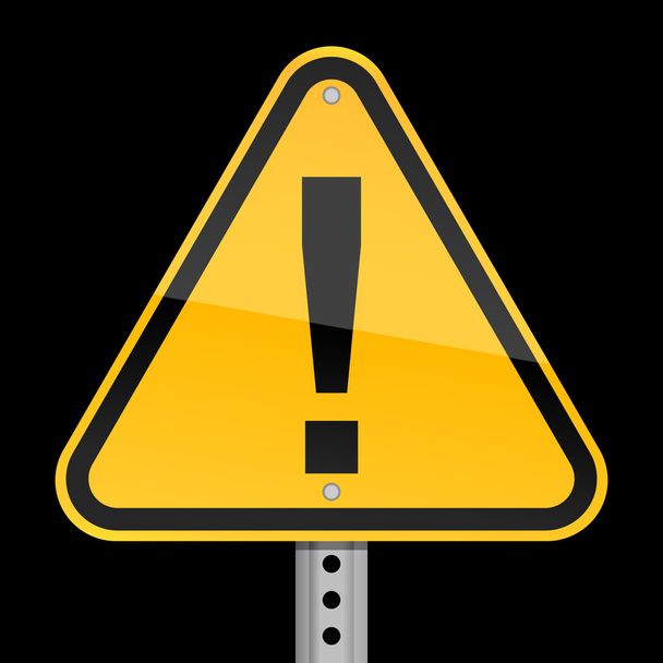 gele waarschuwing verkeersbord met uitroepteken symbool op zwarte achtergrond - Vector, afbeelding